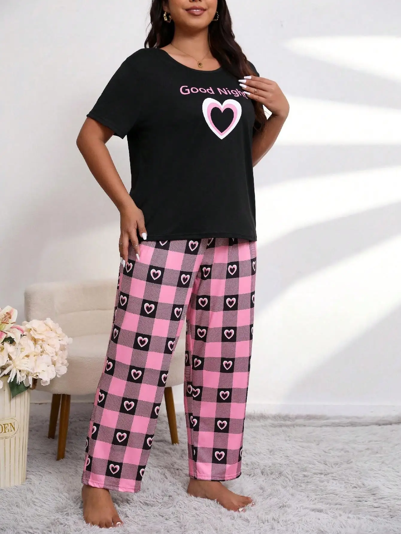 Women\'s Plus Size Sleepwear Heart Print Short Sleeve Tee With Trousers Pajama &Women Ladies Short  sleeve and Pants Lounge Wear