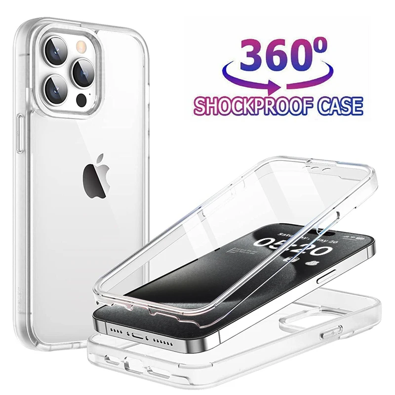 

360 Full Body Case for iPhone 16 15 14 13 12 11 Pro Max Shockproof Transparent Double-sided Case for iPhone X XS XR 7 8 SE 2 3