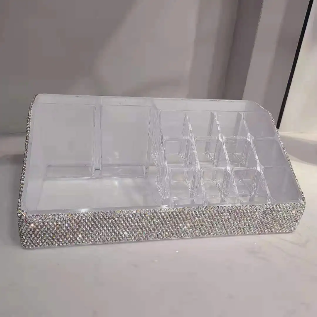 Rhinestone Acrylic Lipstick Storage Case 16 Grid Diamond Makeup Organizer Storage Box Nail Polish Cosmetic Display Stand Holder