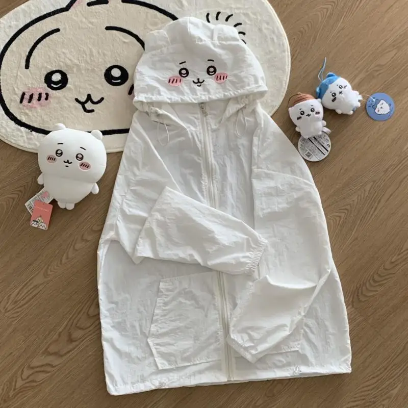 Kawaii Miniso Chiikawa Sunscreen Clothing Usagi Hachiware Cute Girl Summer Outgoing Long Sleeved Hooded Sunscreen Clothing