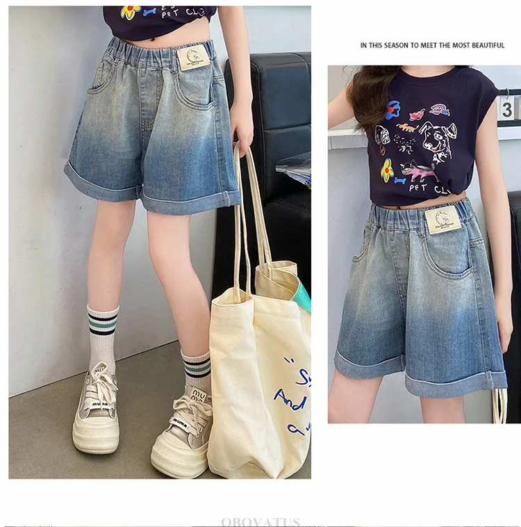 Neu eingetroffen: Sommerliche Jeans-Shorts mit Farbverlauf für Mädchen von 5 bis 14 Jahren, modische Teenagerkleidung, lässige kurze Hosen für Kinder. – Detail 3