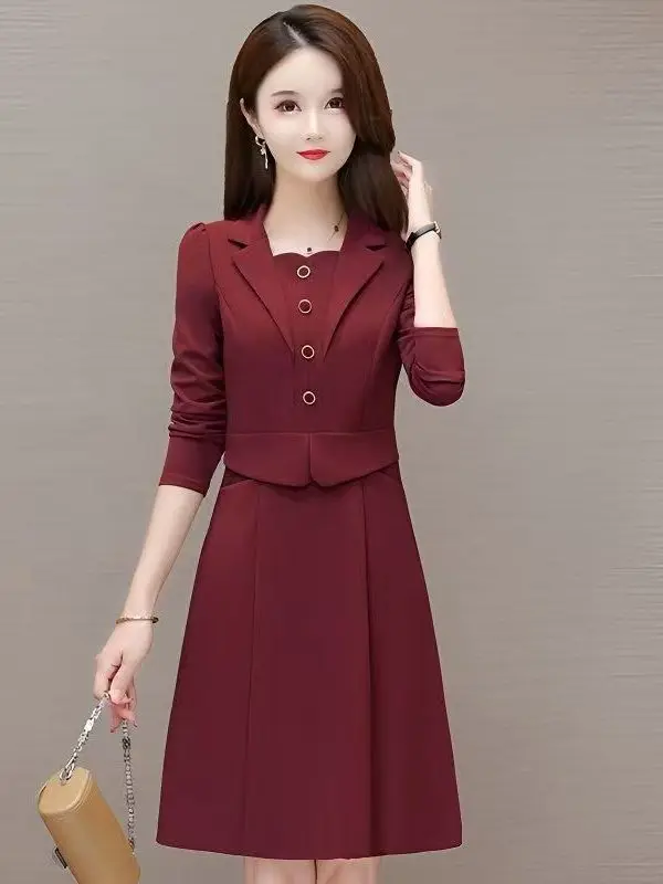 おしゃれなAラインドレススーツ襟付き秋新作着痩せママ服韓国風通勤長袖ミディドレス