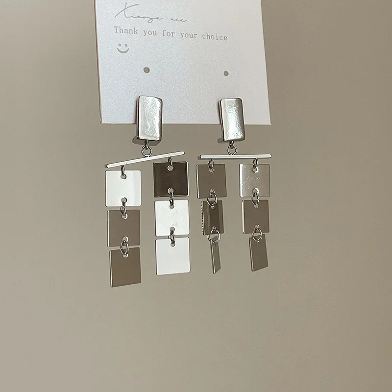 

Trendy Silver Color Geometric Square Metal Drop Earrings for Women Minimalist Statement Long Tassel Dangle Earring Party Jewelry