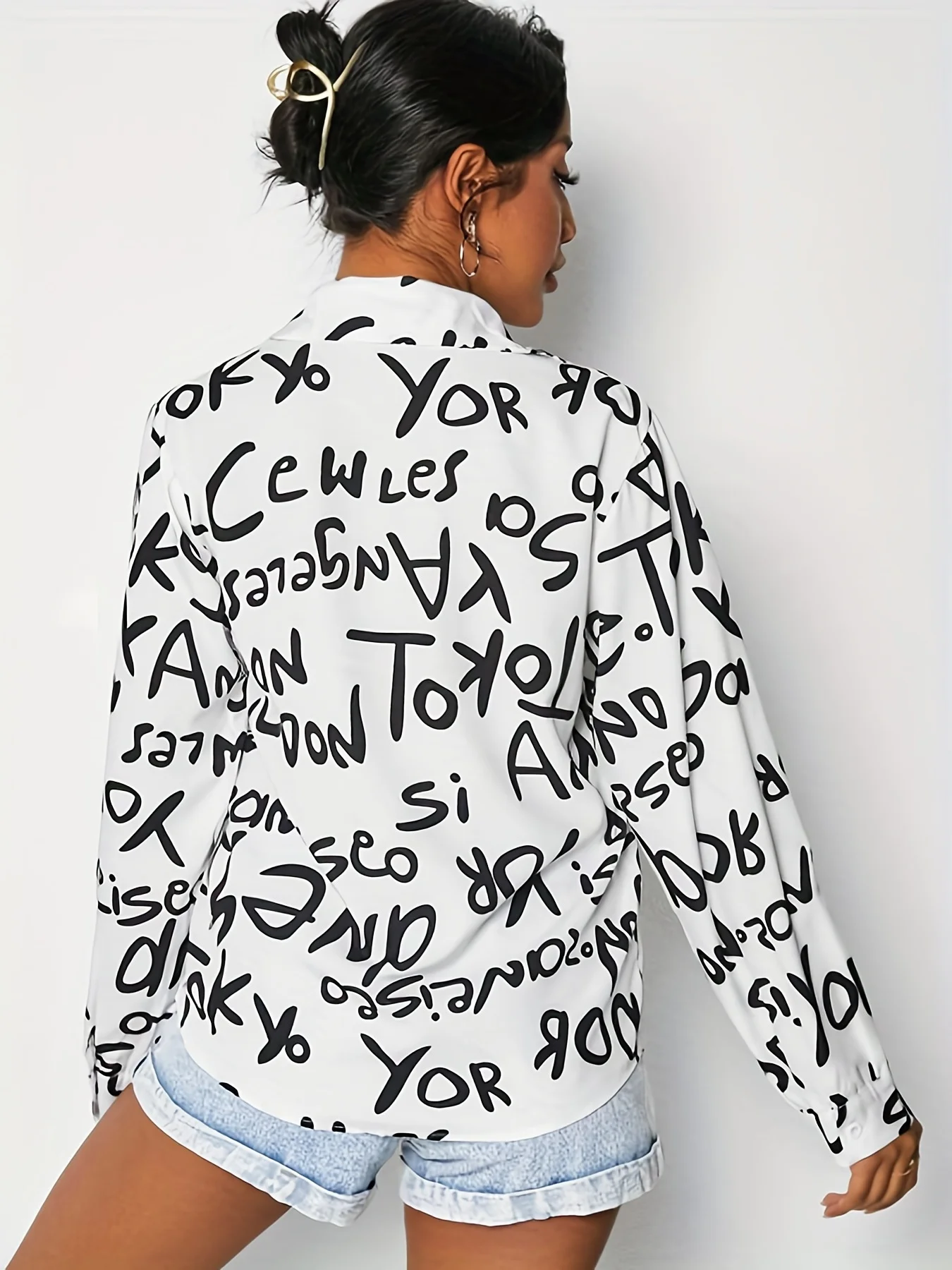 Women's Letter Print Button Front Shirt   Casual Long Sleeve Top For Spring   Fall