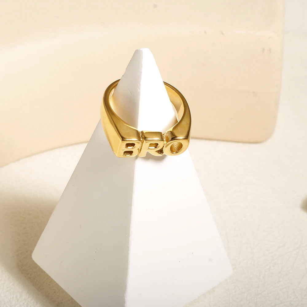 FAM BRO Letter Golden Stainless Steel Ring for Men Women Hip Hop Punk Daily Wear Layered Jewelry Rings Gift for Family Brother