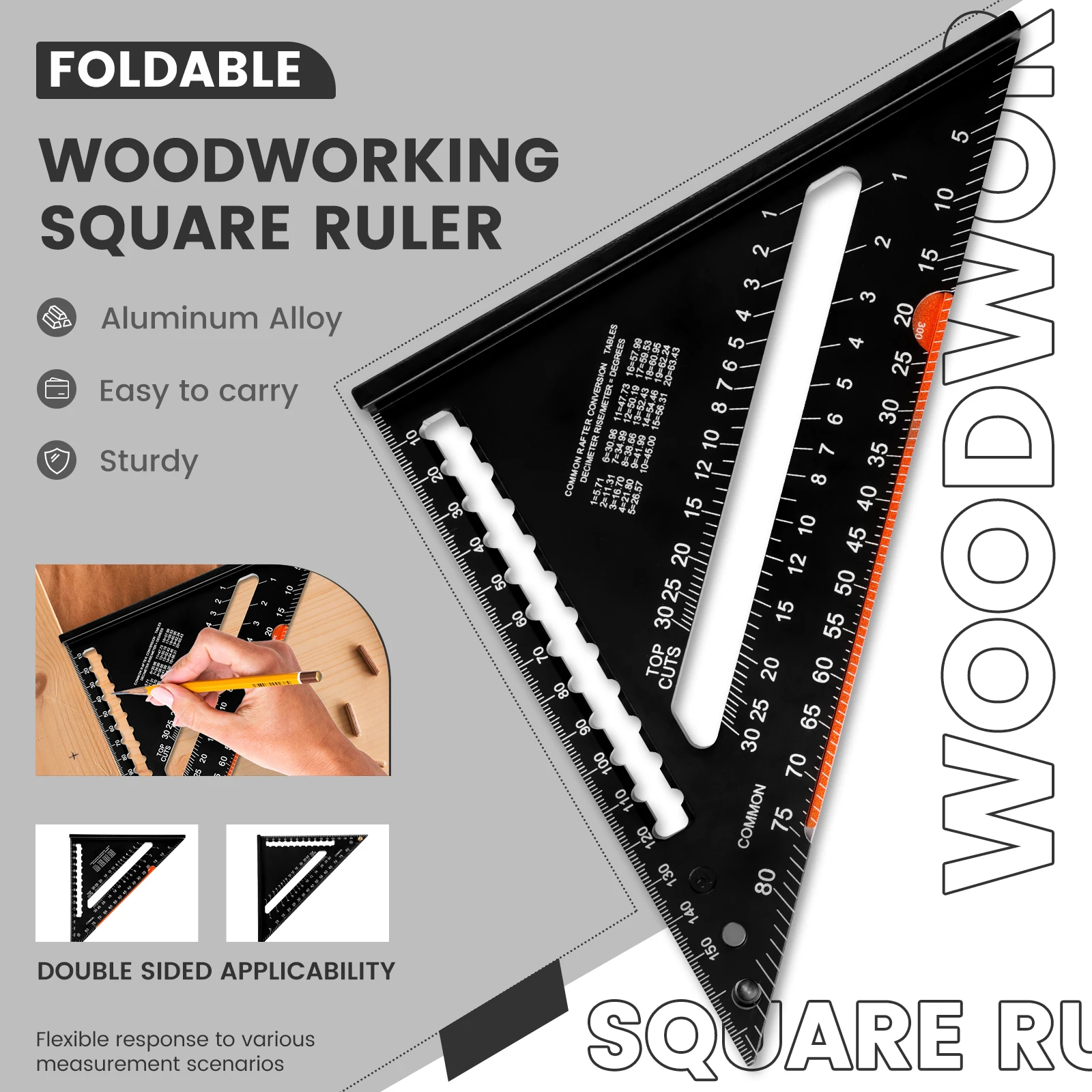 Woodworking Triangle Ruler Aluminum Alloy Carpenter Square with 6 Inch Foldable Ruler Bar Magnetic Carpenter Measuring Ruler