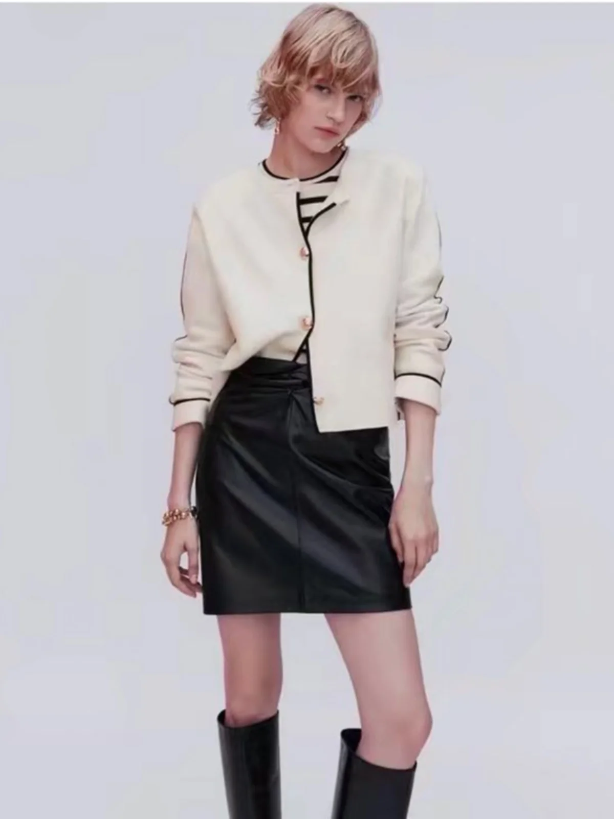 

Женская вязаная кофта MD2023: новая осенняя модель, однотонная, простая, стильная, с контрастными вставками