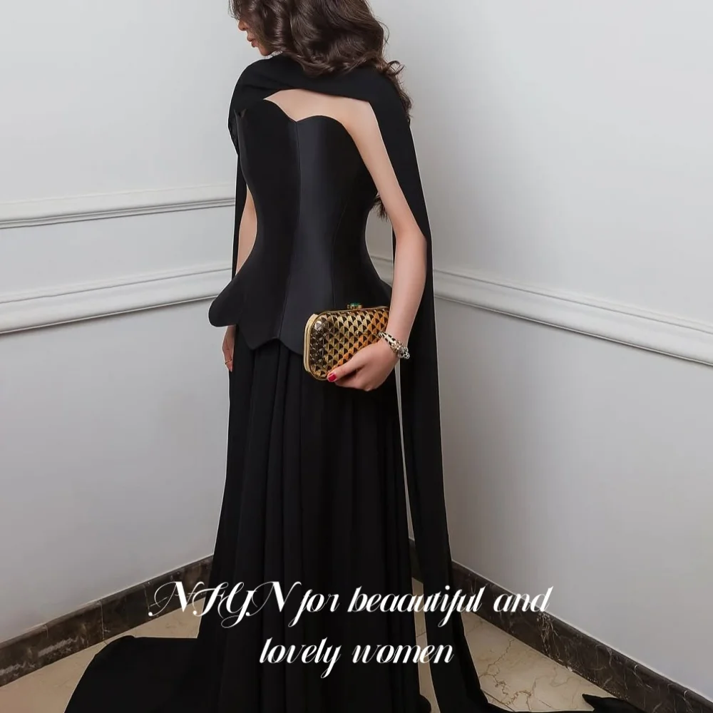 

NFYN Black Elegant Formal Gown Satin Sleeveless Night Dress with Scarf A-Line Strapless Evening Dresses robe soirée Customized