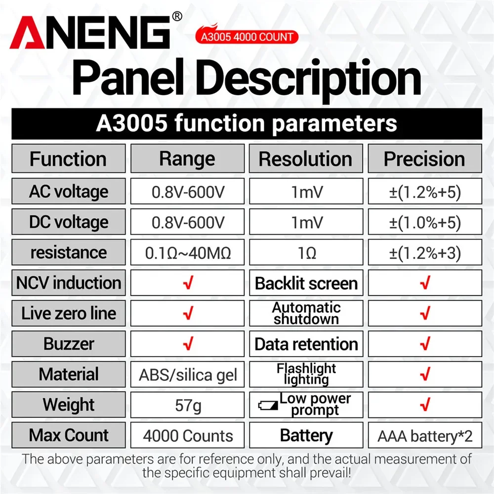 ANENG A3005 Pocket Pen Type Digital Multimeter Test Lead without Battery 4000 Counts LCD/Anti Display Screen True RMS Black Tool