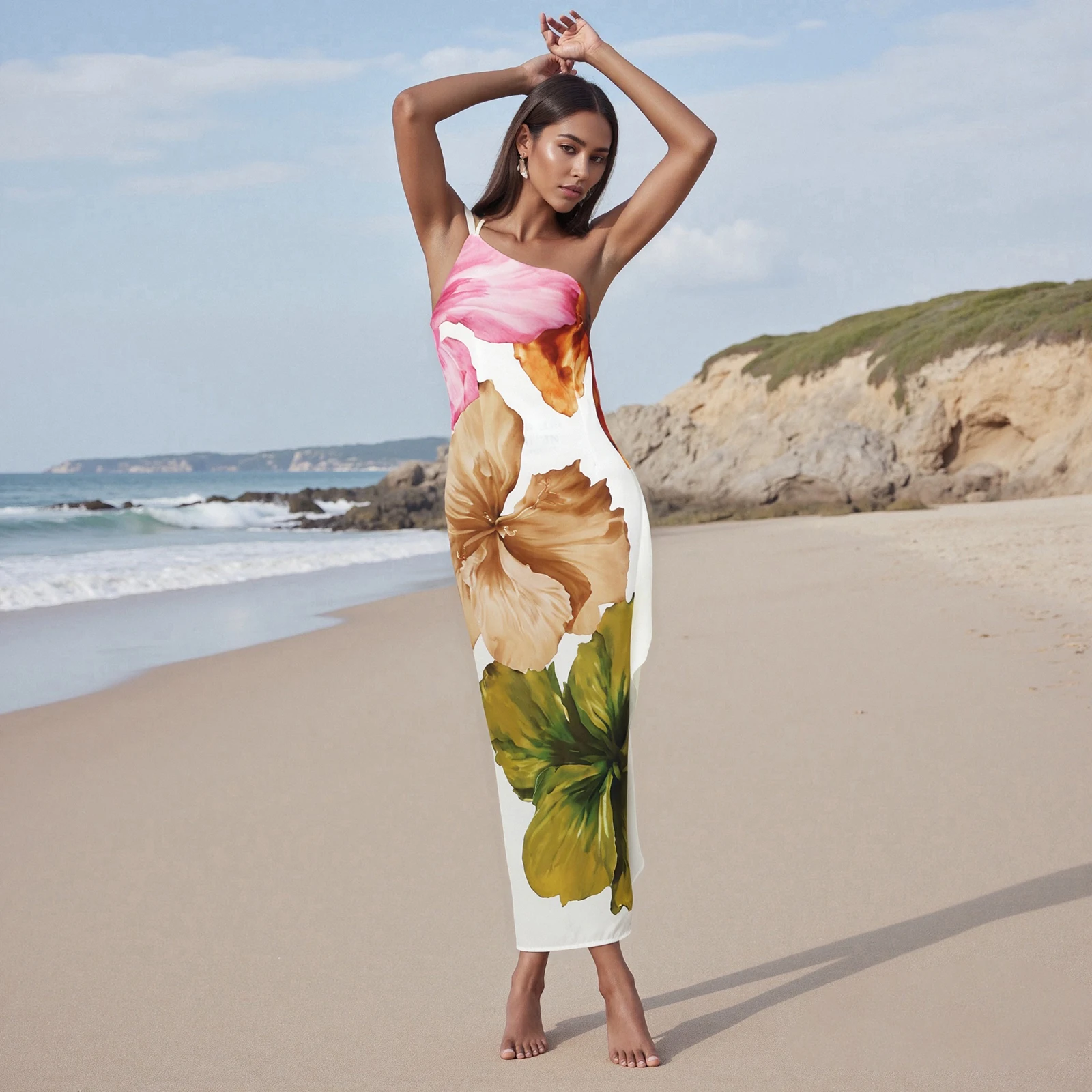 Nieuwe mode dames zomer lange cami-jurk mouwloze bloemenprint een schouder strandjurken hot koop s-xl