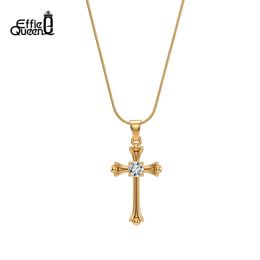 EFFIE QUEEN Y2K Gothic Stainless Steel Zircon Cross Pendant Snake Chain Necklace Clavicle Chain Fashion Wedding Jewelry STKN34