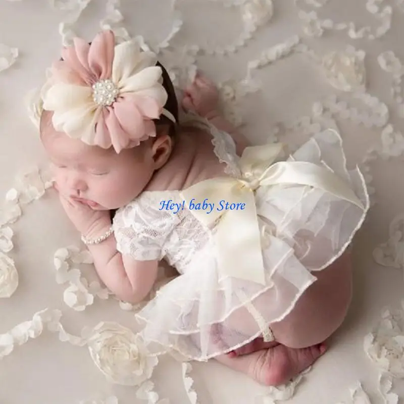 Q1FE Baby Photography Props Outfit Lace Bowknot Skirt with Flower Headband