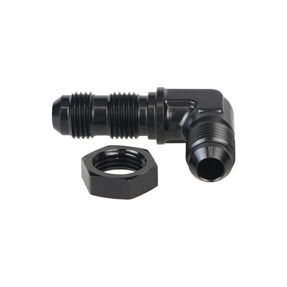 6AN AN8 AN10 Aluminum 90 Degree Male Flare Union Bulkhead Fuel Fitting with AN6 Bulkhead Nut, Black