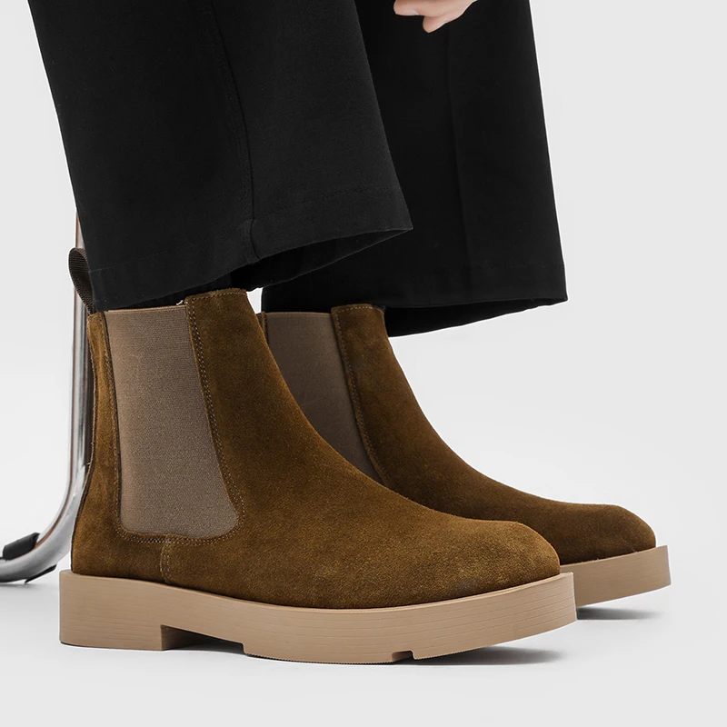 شتاء جديد البقرة المدبوغ تشيلسي الأحذية الرجعية عالية أعلى رجال الأعمال التنقل الأحذية الفاخرة العلامة التجارية سميكة سوليد الراحة المشي الأحذية