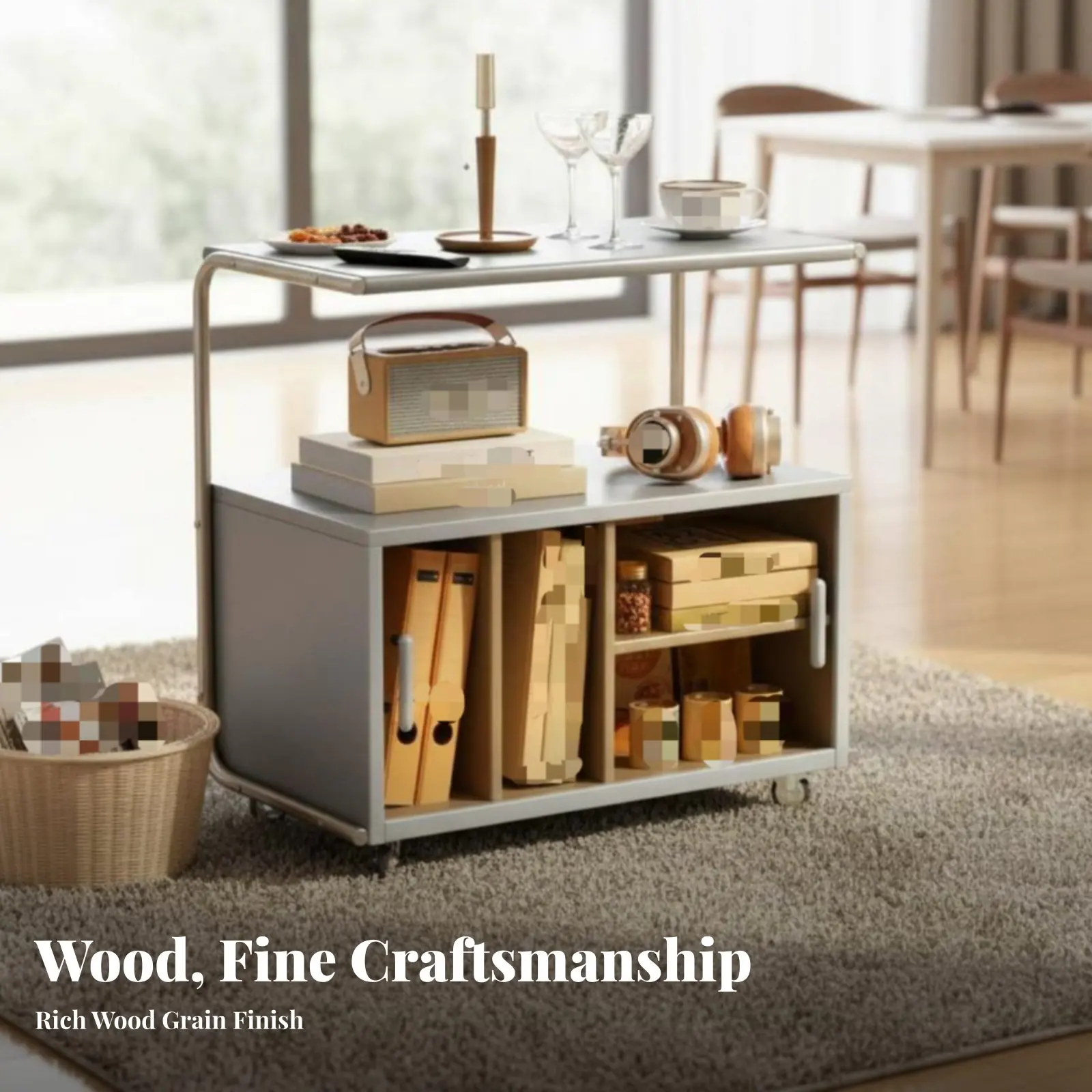 2-Tier Rolling End Table Full Wood Construction Storage Rolling Table Multi-Functional Built-in Handle for Homeowners, Students view 3