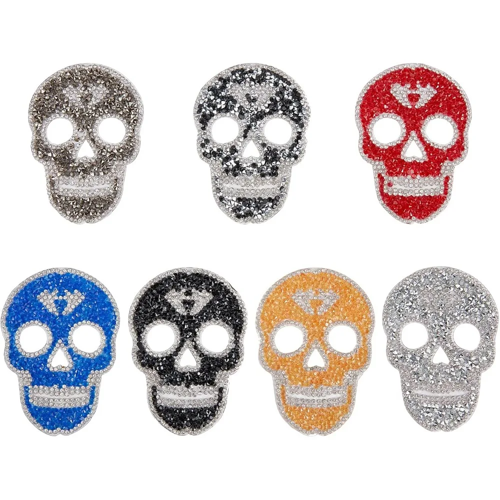 7 Colors Skull Rhinestone Patches Iron on Patches Skeleton Head DIY Sticker Decorative Applique Patch for Jackets Hat Clothing