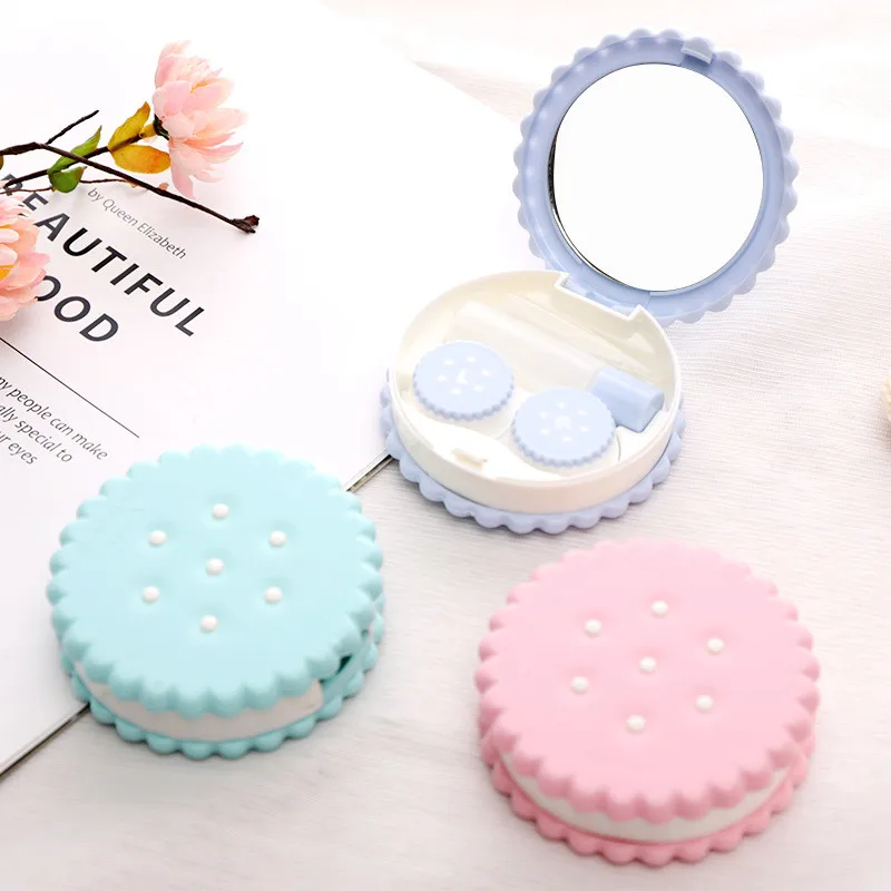 KSSEYE 1 PC Contact Lens Case Easy to Carry Mirror Case Travel Set Tweezers Suction Stick Eye Care Kit Round Biscuit Cute Box