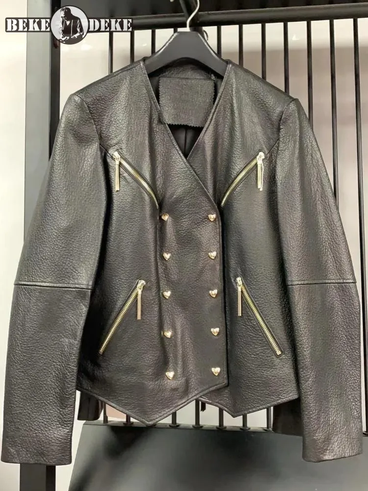 Office Female Zipper Pocket Genuine Leather Short Jacket Double-Breasted V-Neck Solid Color Long Sleeves Sheepskin Coats