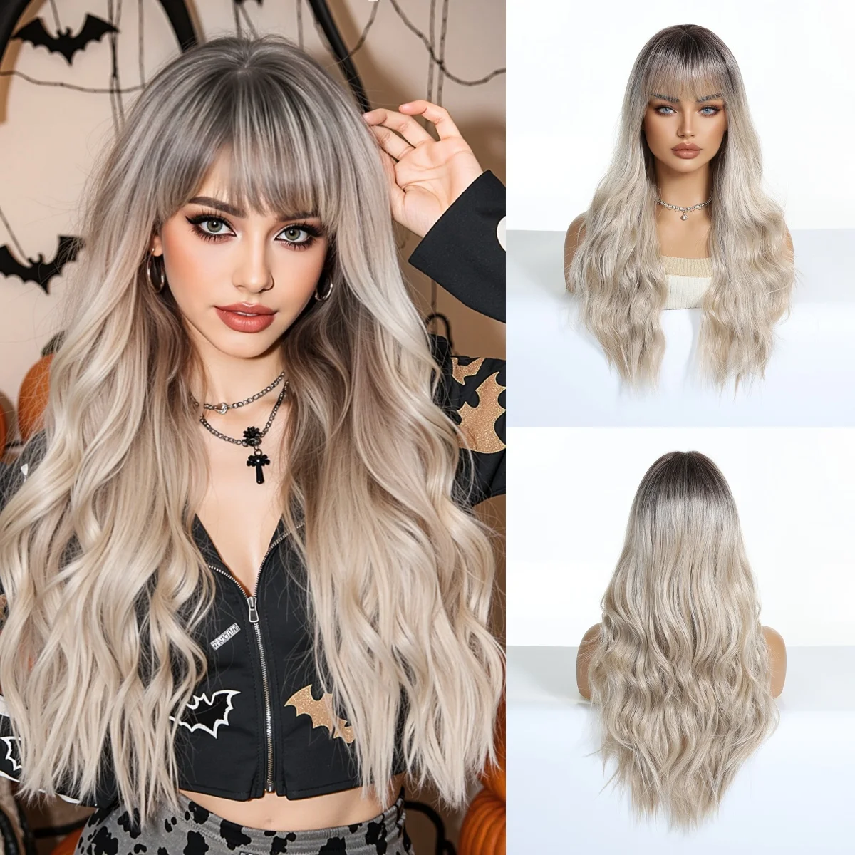 هنري مارغو طويل متموج أومبير البلاتين بيروكات صناعية الجذر الداكن الباروكات مع الانفجارات شعر مستعار تأثيري للنساء حفلة ألياف مقاومة للحرارة #1