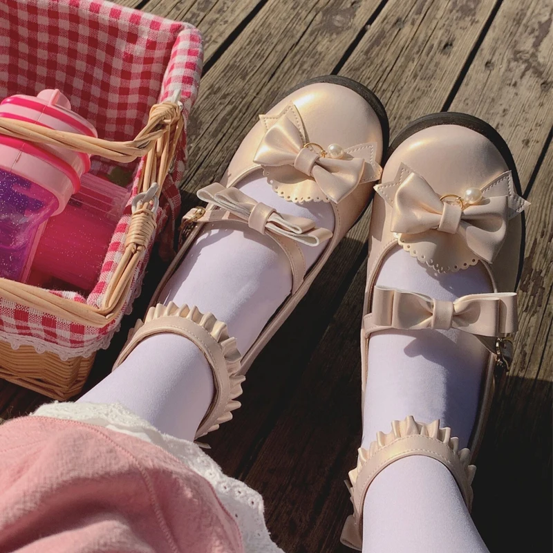 

Винтажные женские туфли Kawaii для чаепития на среднем каблуке, милые женские туфли в стиле аниме для косплея в стиле Харадзюку с пряжкой и бантом в стиле Лолиты