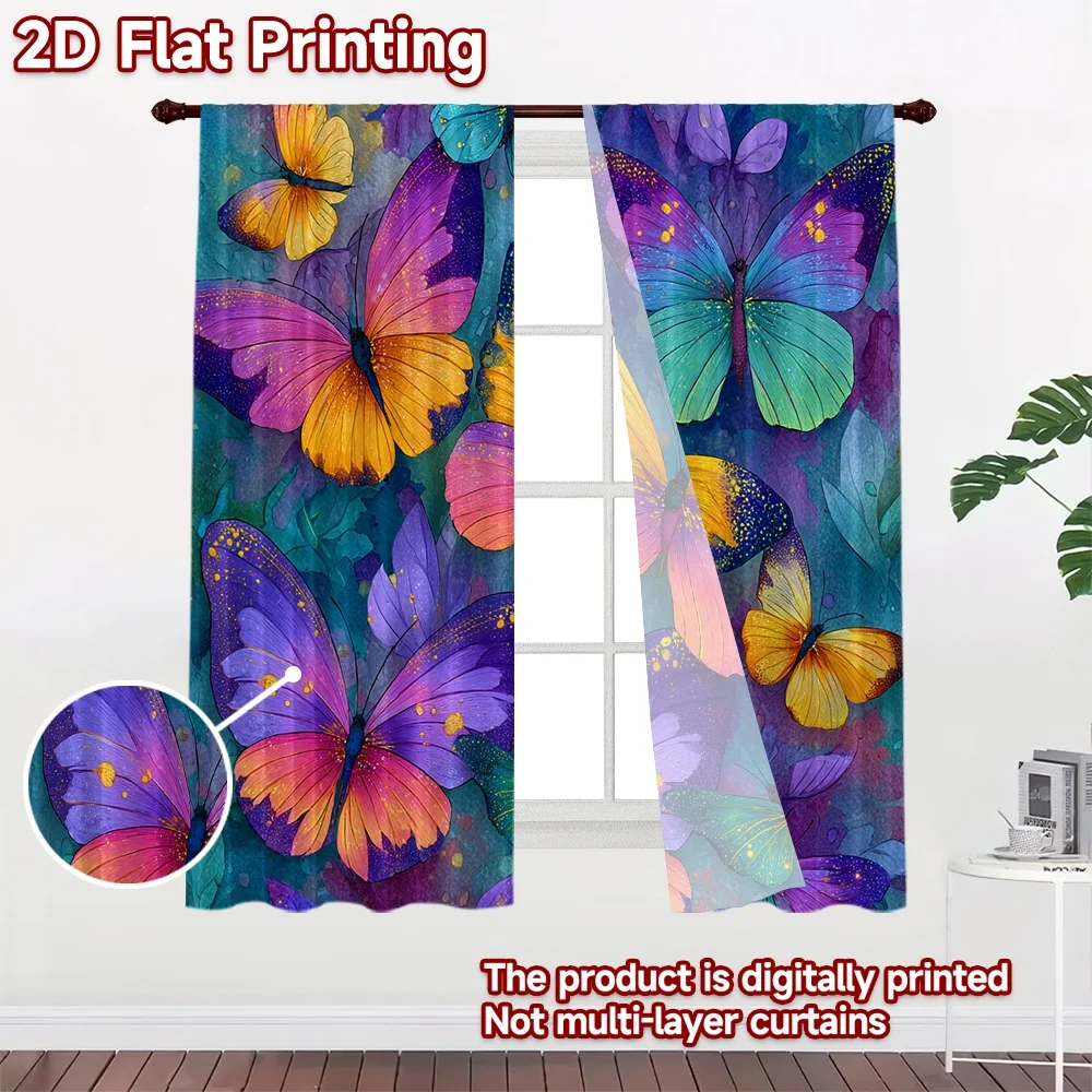 2D FLAT PRINTING 2pcs Curtains (Without Rod) Colorful Butterflies and Splashes Chic Curtain Chic Durable 100% Polyester Fabric