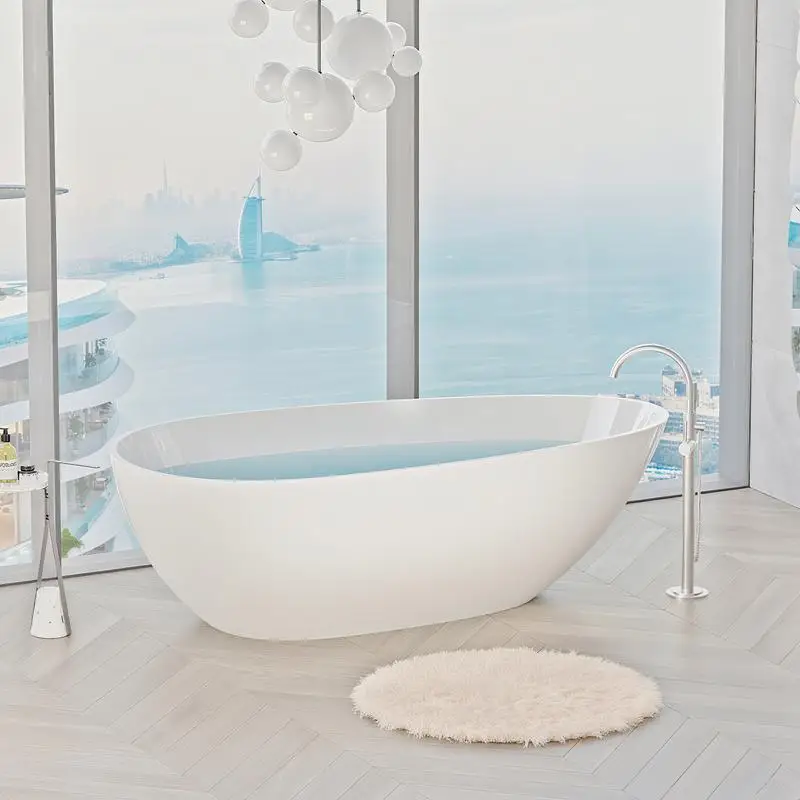 

59" Freestanding Solid Surface Soaking Tub, Luxury Handcrafted Stone Resin Bathtub with Overflow & Pop-up Drain, Glossy White