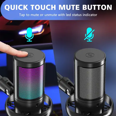 Mikrofon, mikrofon USB do komputera do podcastów, wideo, streamingu, mikrofon pojemnościowy z szybkim wyciszeniem, statyw, filtr pop, wskaźnik RGB, S