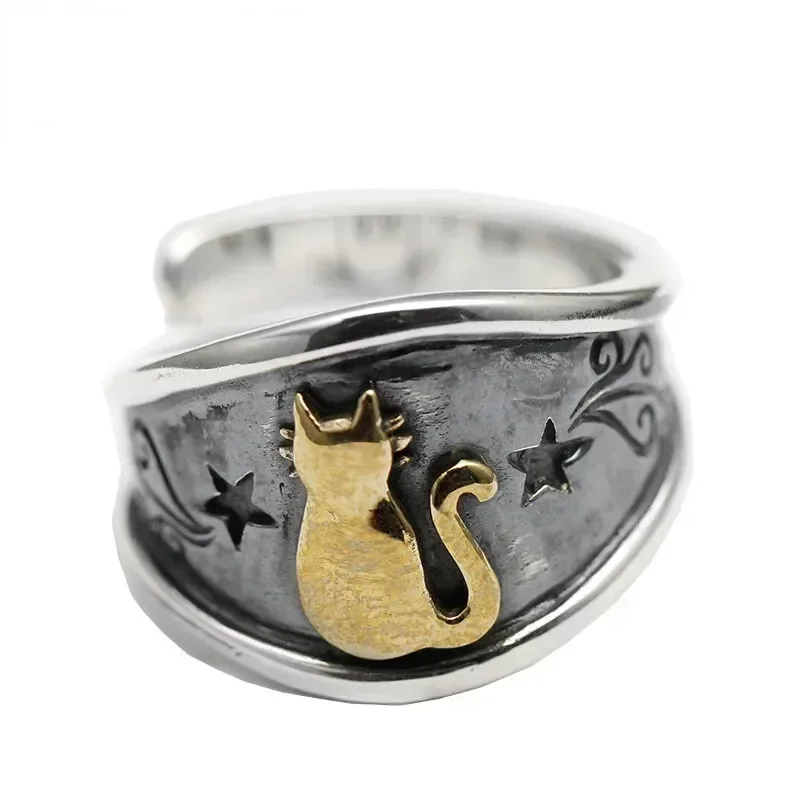 Fashion Star Cat Opening Ring Retro Dyed Black Ring Finger Gift for Men Access B