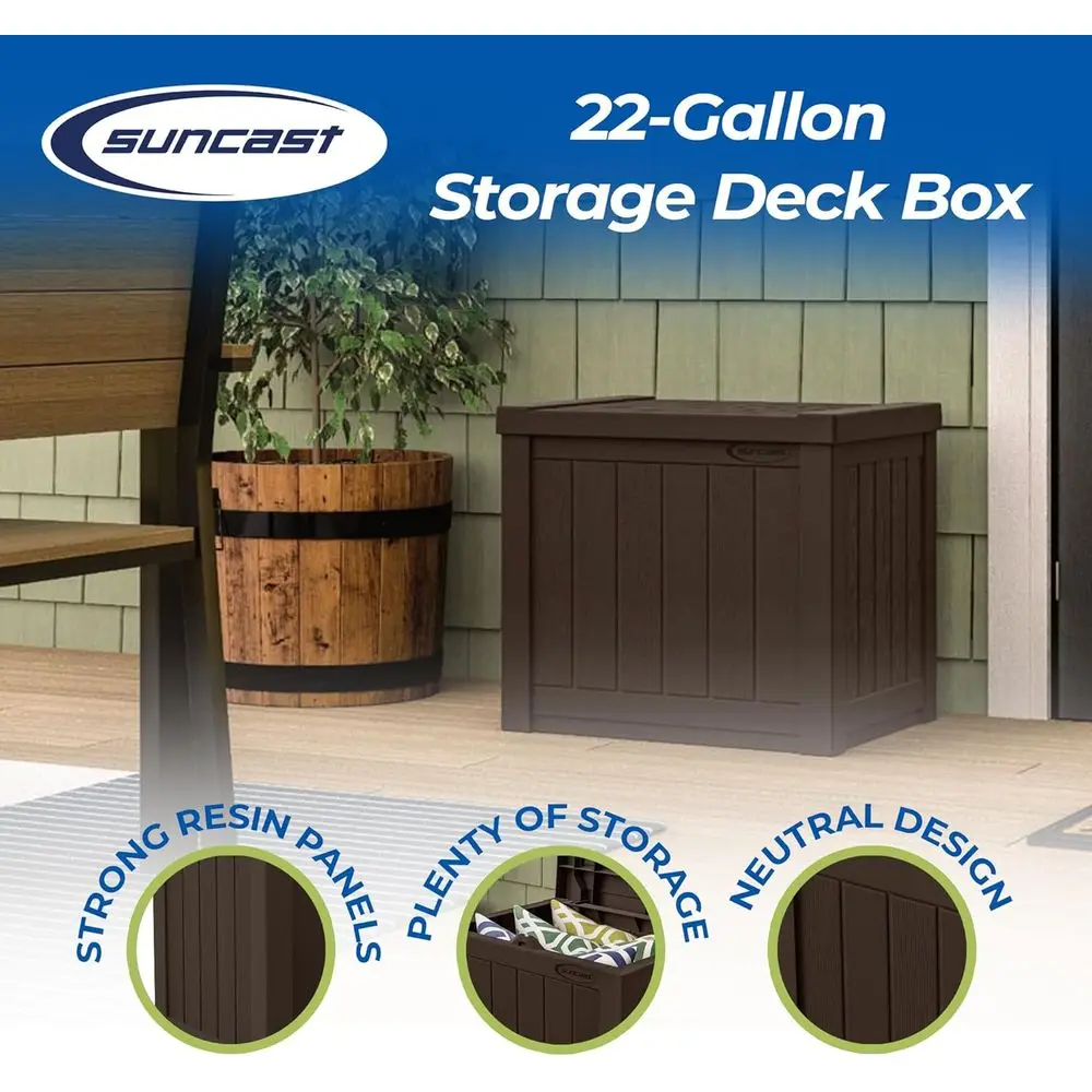 Outdoor Storage Box - 22 Gallon Java Resin Deck Box, Lat-Lid Bench Seating, Patio Storage Bin Container, Organizing Tools, Cushi