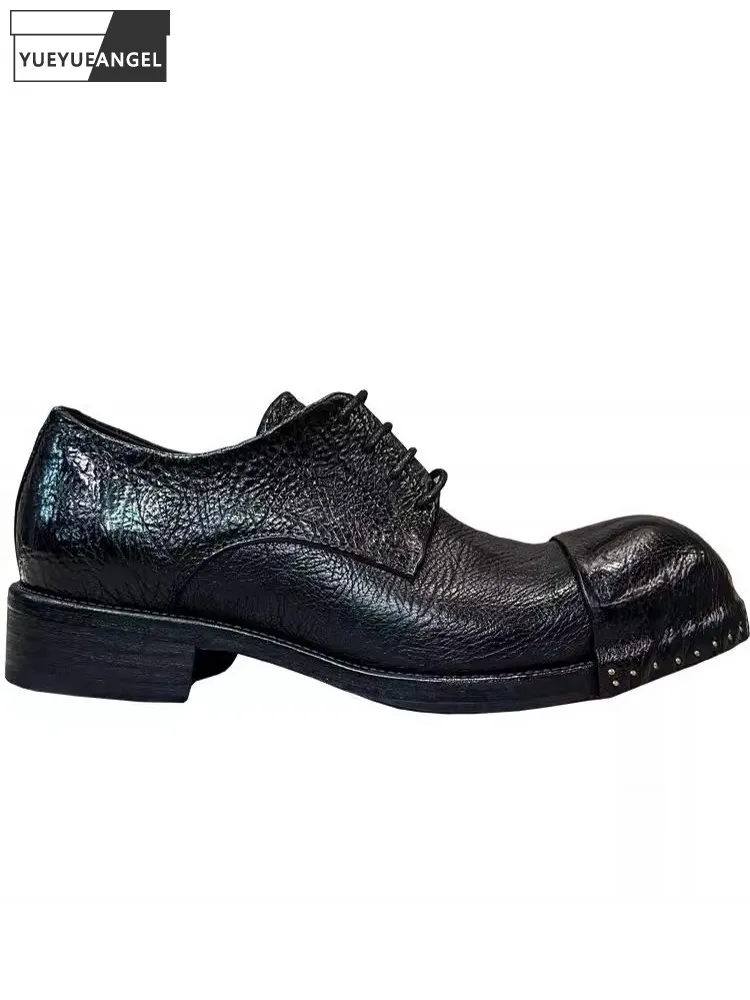 

Business Men Work Horsehide Genuine Leather Formal Shoes Male Vintage Handmade Lace Up Round Toe Block Heels Wedding Dress Shoes