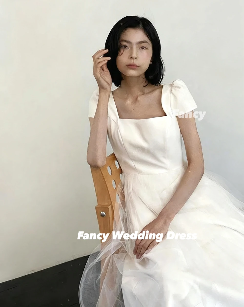 Fancy Korean Wedding Dresses Square Collar Short Sleeves Bridal Gown A-Line Floor-Length Bridal Gown Customized Evening Dresses