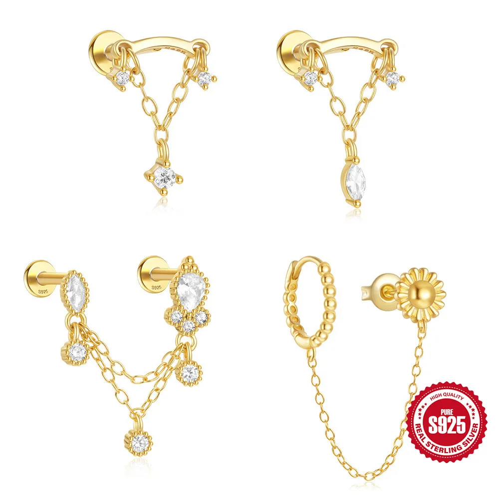 925 Brincos de Prata Esterlina com Zircão Corrente para Mulheres, Cartilagem Piercing, Criativo Jóias Finas para Festa de Aniversário, Acessórios com Charme, 1pc