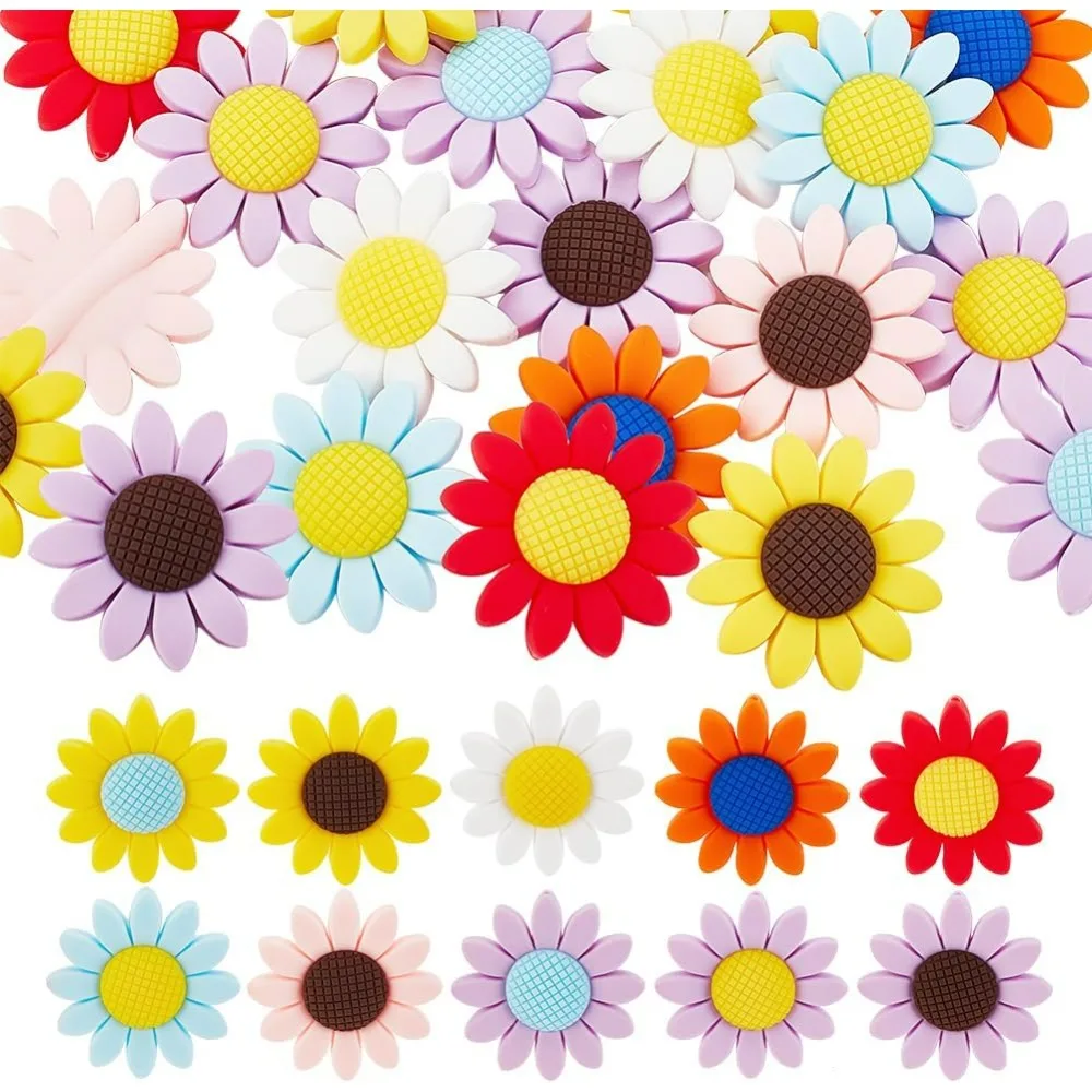 20pcs Sunflower Silicone Beads with 2mm Hole, 10 Colors 40mm Spring Sunflower Beads Charms Daisy Flower Beads Loose Bead