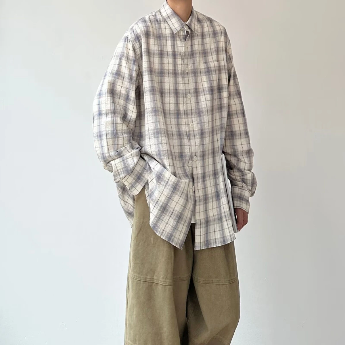 Long Sleeve Shirt Men's Spring Autumn Plaid High Style Handsome Jacket Trendy Spring Autumn Japanese Design Shirt