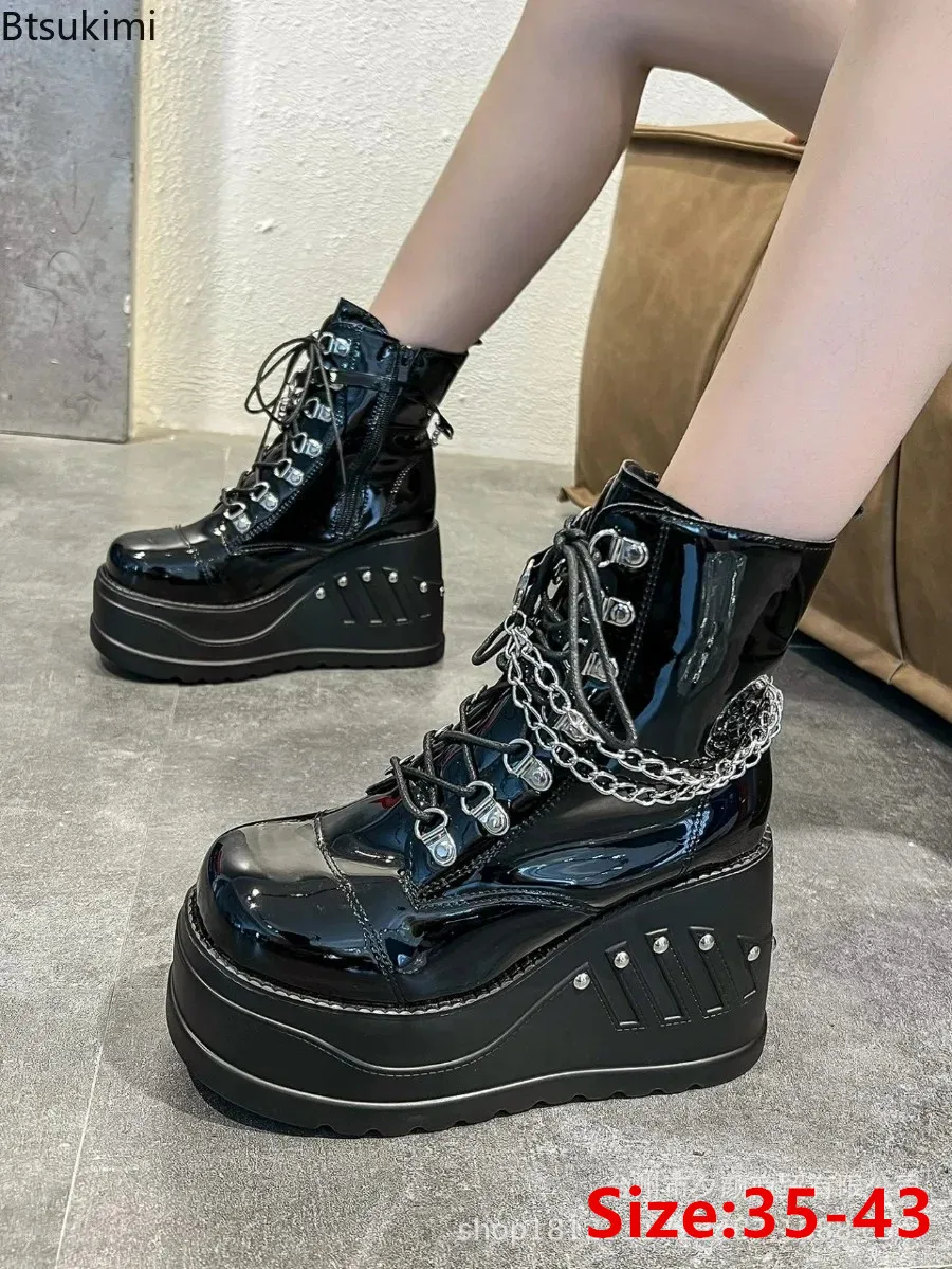 2024 Women\'s Fashion Boots Plus Size Black Zipper Lace Up Chain Wedge Platform Women Motorcycle Boots Girls Gothic Punk Shoes