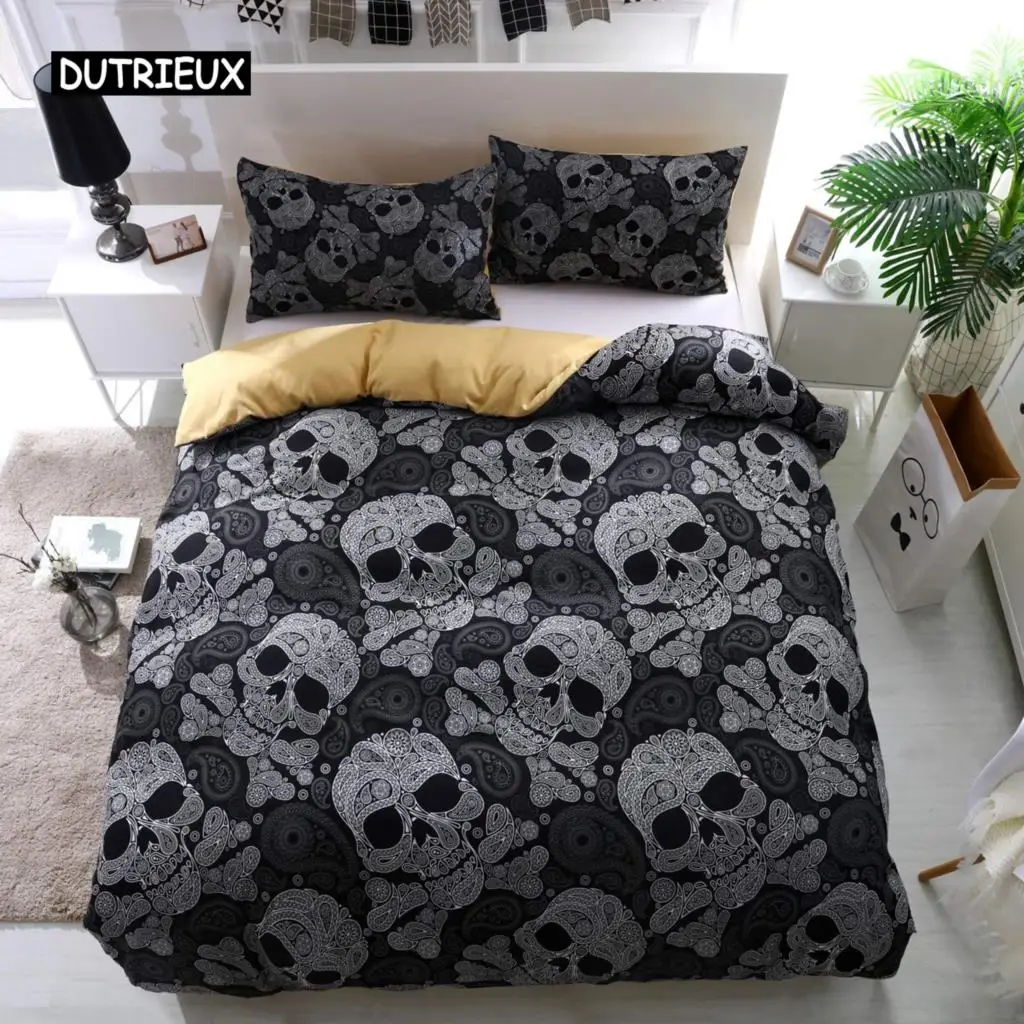 Skull Duvet Cover Set Black and White Floral Skull Skeleton Bedding Set Microfiber Twin/Full/Queen/King Size Quilt Cover 3 Piece