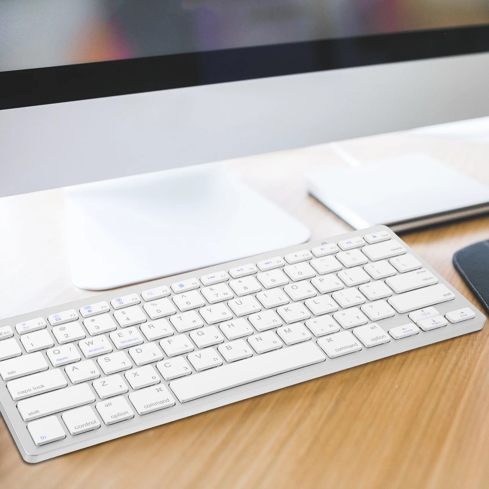 Teclado hebraico sem fio de plástico ultra-fino silencioso teclado portátil tamanho completo confortável digitação teclados de computador sem fio