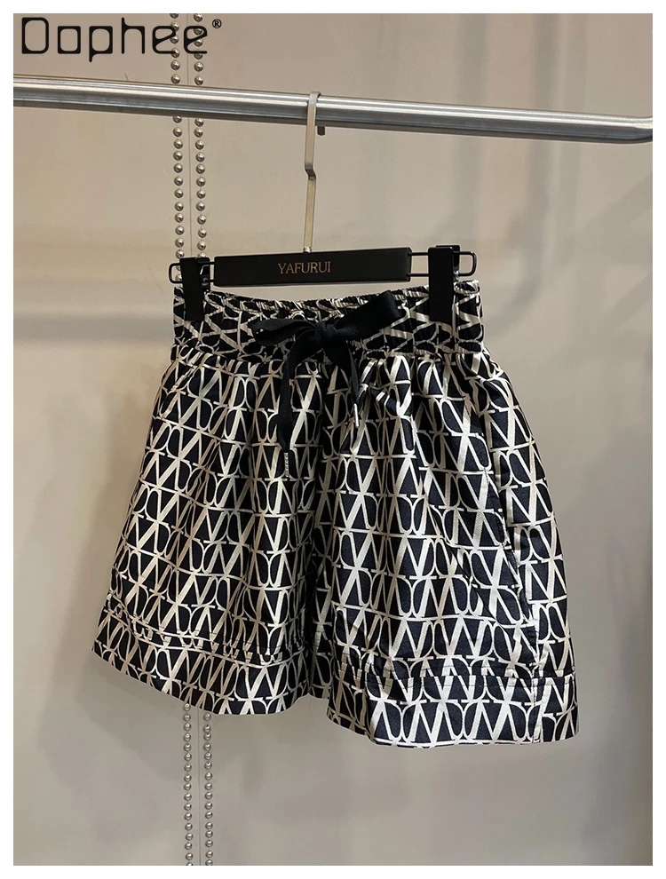 Retro Jacquard Shorts Women Clothing Summer Fashion Versatile Elastic Waist Casual Loose Wide-leg Pants Versatile Trendy Shorts
