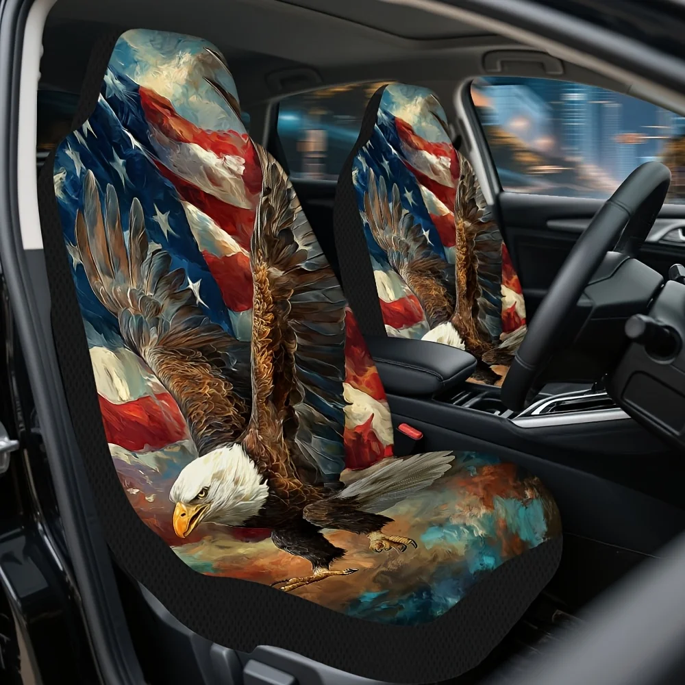 2pcs Independence Day Bald Eagle Design Universal Car Seat Cover Set For Most Cars – Stylish, High-Quality, Durable Protector Se