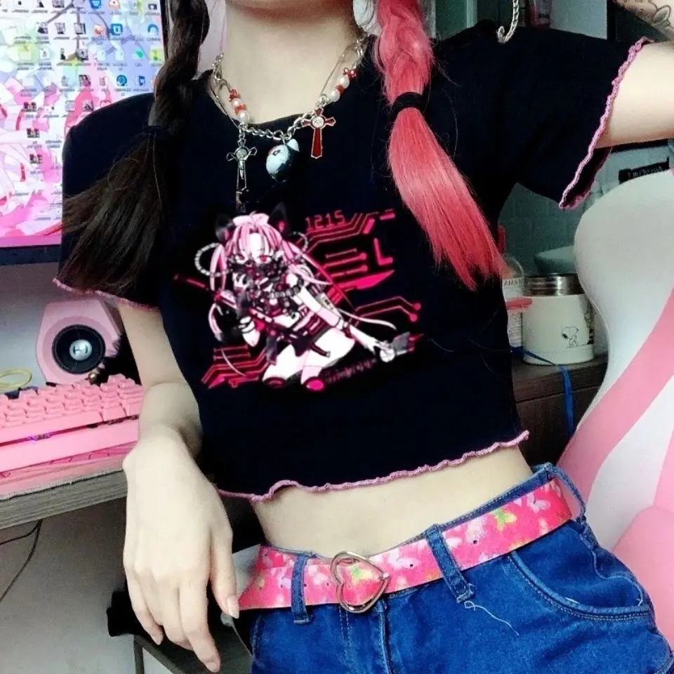 

Kawaii Anime Girls Short Tshirt Yk2 Harajuku Punk Cartoon Graphic Black Ctop Top Round Neck Short Sleeve Open Navel T-shirt Y 2k