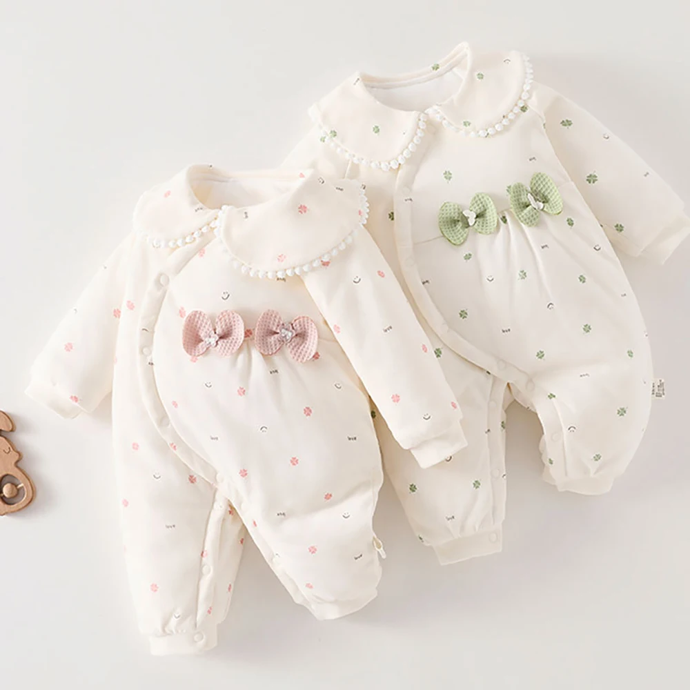 2026 Winter New Baby Rompers 0-24M Sweet Flower Infant Jumpsuit Warm Fleece Padded Girls Clothes Thicken Bow Toddler Outwear
