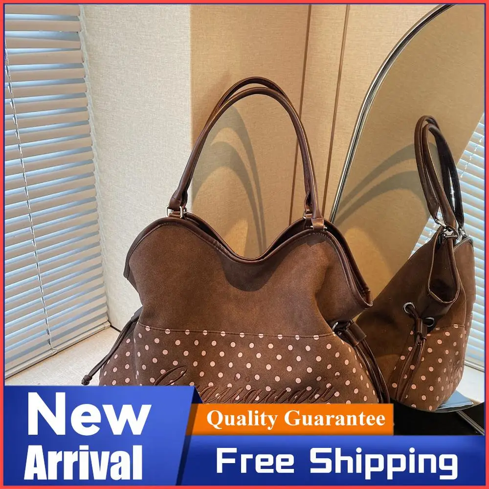 

Модная женская сумка из искусственной замши в горошек с верхней ручкой, милая коричневая сумка-тоут с вышивкой, пригородная сумка для женщин