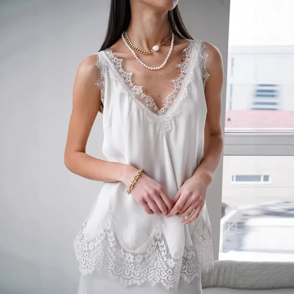 Women Spring Summer Lace Trim Sleeveless Top Sexy Elegant Solid Tank T Shirt Fashion Casual Slim Blouse Office