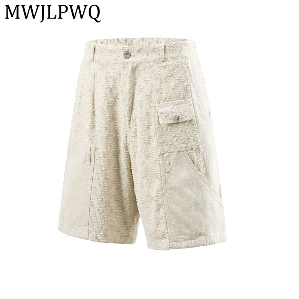 

MWJLPWQ Oversized Printed Jacquard Work Shorts For Men Summer Vibe Trendy Street Patchwork Design Casual Straight Pants 14871