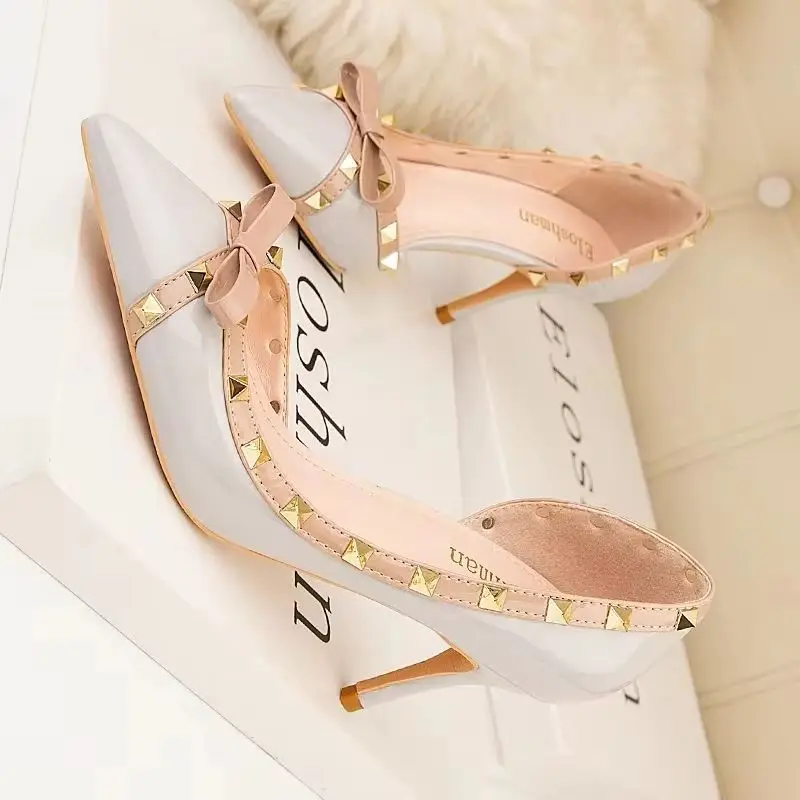 2026 Summer New Lacquer Leather Rivet Pointed High Heels Fashion Side Hollow Shallow Mouth Women's Thin Pumps Single Shoes 34-41