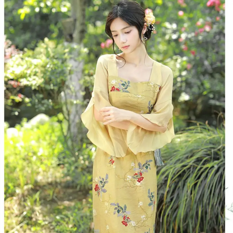 Modified Cheongsam Summer Dress Retro Chinese Traditional Qipao Slim Flared Sleeve Medium Length Daily Sexy Dress