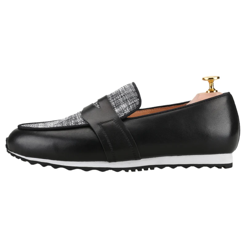 Piergitar Black Nappa Calfskin Patchwork Striped Fabric Men's Clunky Sneaker Handmade Penny Boots Shoes Mixed Colors Rubber Sole