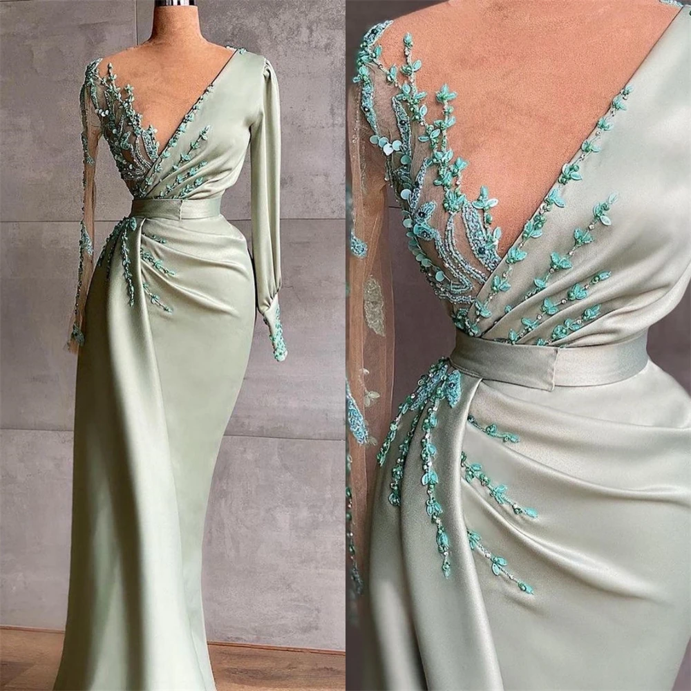 

Customized Sexy Casual Satin Draped Pleat Applique Cocktail Party Sheath V-Neck Bespoke Occasion Gown Long Dresses