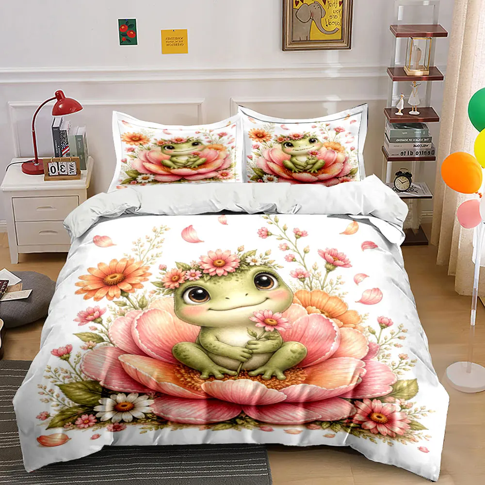 Adorable frog surrounded by flowers Print Bedding Set 1 Duvet Cover 2 Pillowcases for Adult and Children Luxury Gift Full Size