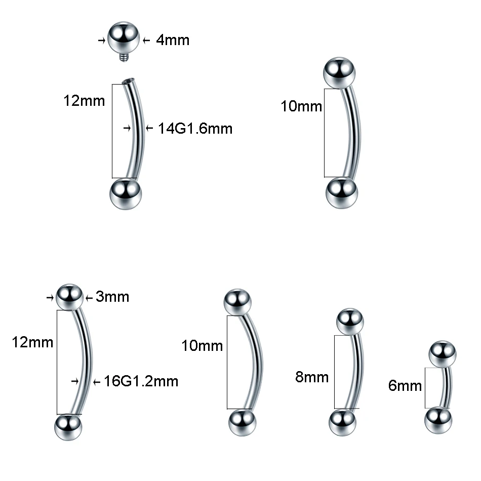 Piercing de sobrancelha de titânio 100%, anéis de banana, bola dupla curvada, piercing de umbigo, umbigo, anel de umbigo, joias corporais, 1 peça